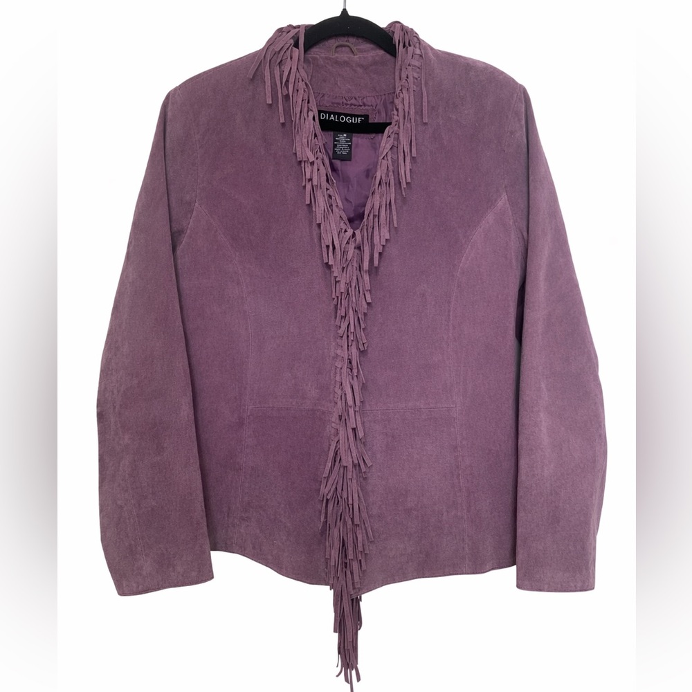 Vintage 90s Purple Suede Leather Fringe Jacket Western Boho Y2K Size M - Picture 2 of 6